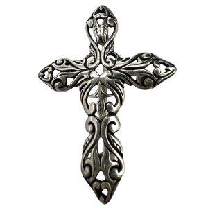Vintage Jezlain JEZ Cross Brooch Pin Sterling Silver Oxidized Ornate Filigree